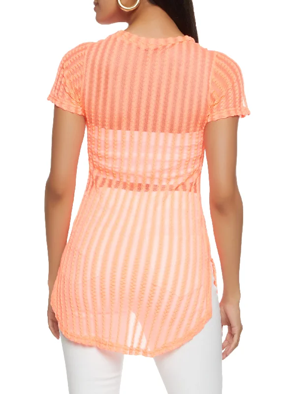 Striped Mesh Detail Side Slit Tunic Top