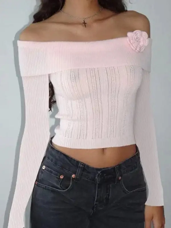 Sexy one-shoulder three-dimensional floral long-sleeved knitted top