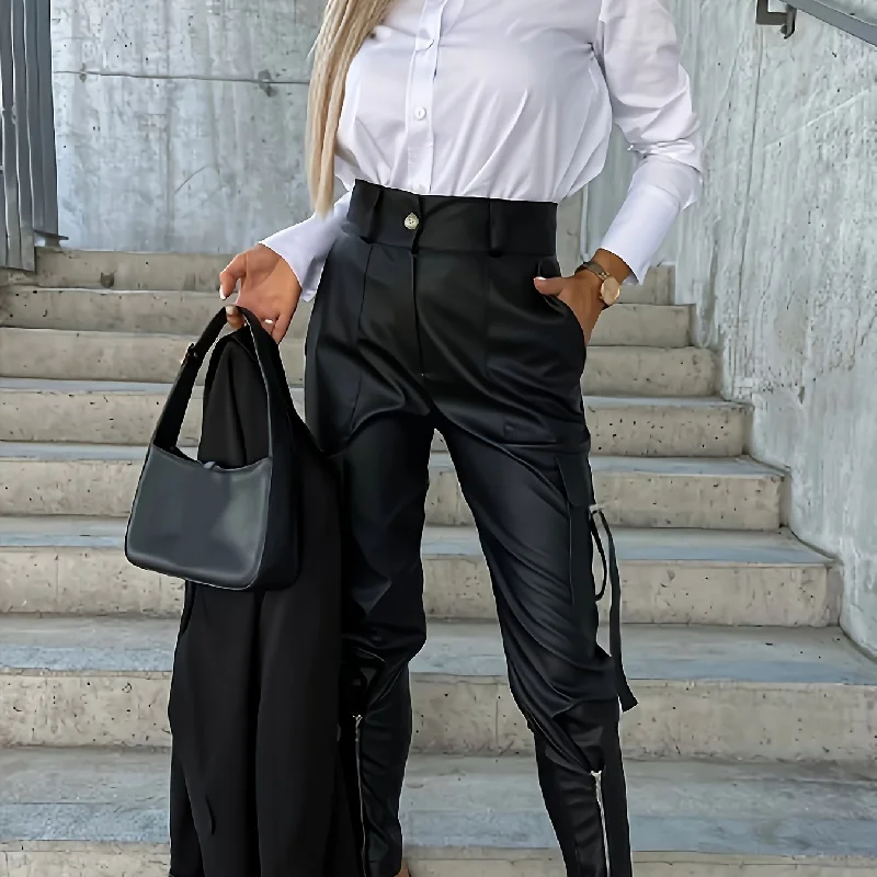 Vintage Chic High-Waisted Faux Leather Pants - Slim-Fit, Zippered, Pocketed, and Comfortable - Womens Fashion Essential for Everyday Wear