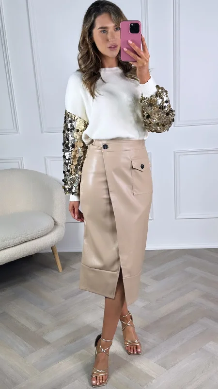 Adair Beige Leather Look Wrap Skirt