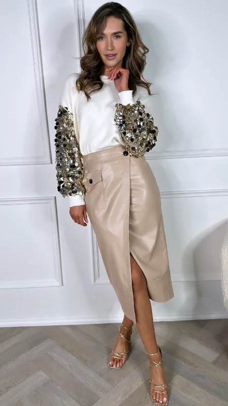 Adair Beige Leather Look Wrap Skirt