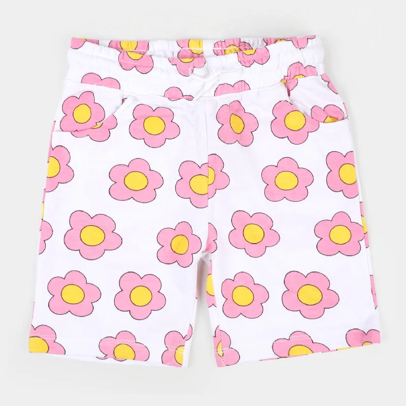 Girls Cotton Short Pink Flower - White