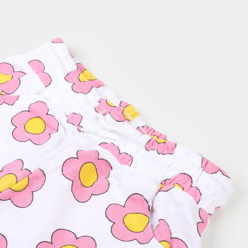 Girls Cotton Short Pink Flower - White