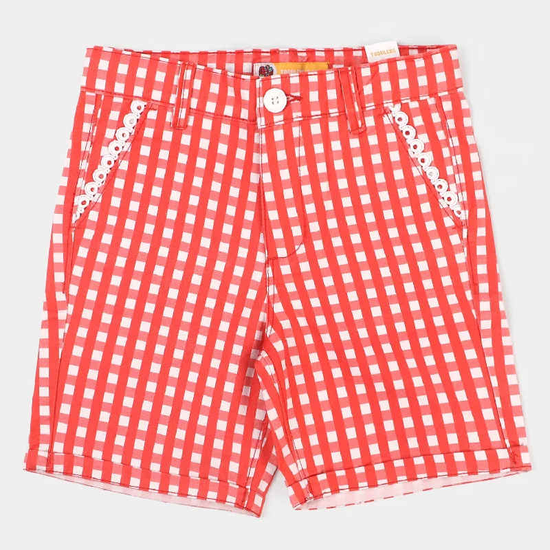 Girls Cotton Twill Short Check Lace - Red