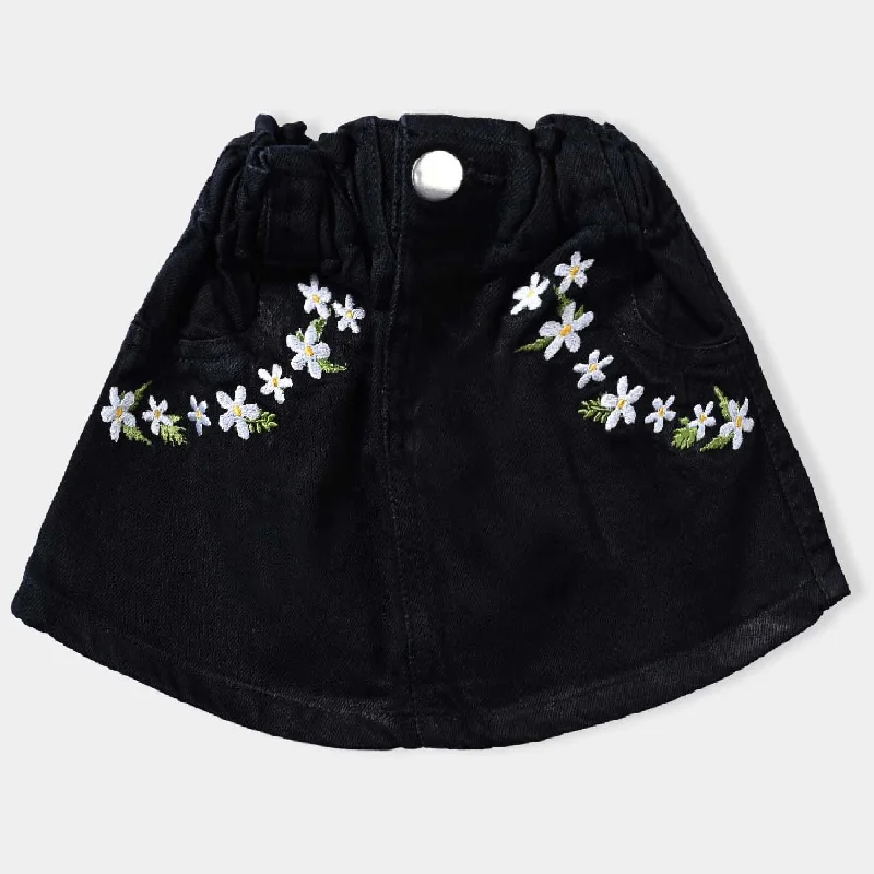 Girls Denim rigid Skirt Pocket Embroidery-BLACK