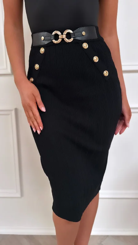 Raiden Black Belted Ribbed Midi Skirt