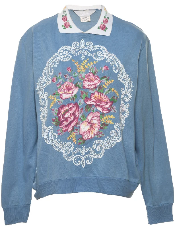 Floral Light Blue 1990s Printed Sweatshirt - M