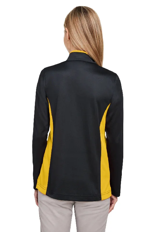 Harriton Womens Flash Performance Moisture Wicking Colorblock 1/4 Zip Sweatshirt - Black/Sunray Yellow