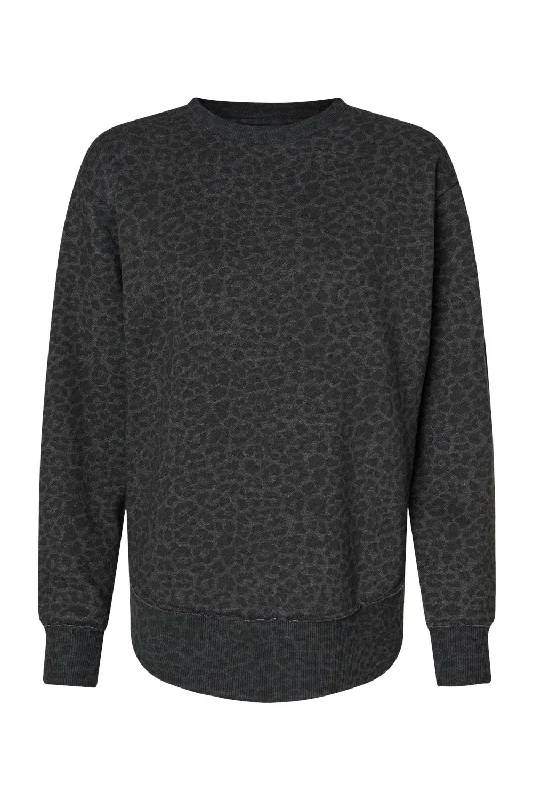 LAT Womens Weekend Fleece Crewneck Sweatshirt - Black Leopard - NEW