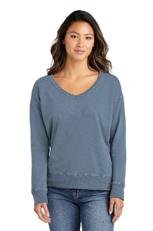 Port & Company Womens Beach Wash Garment Dyed V-Neck Sweatshirt - Faded Denim Blue