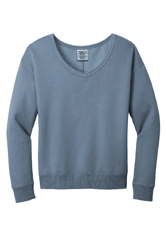 Port & Company Womens Beach Wash Garment Dyed V-Neck Sweatshirt - Faded Denim Blue