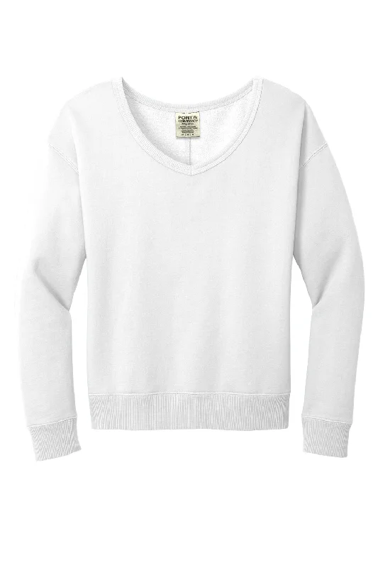 Port & Company Womens Beach Wash Garment Dyed V-Neck Sweatshirt - White