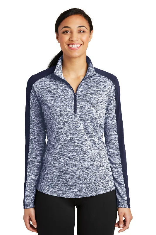 Sport-Tek Womens Electric Heather Moisture Wicking 1/4 Zip Sweatshirt - True Navy Blue Electric/True Navy Blue