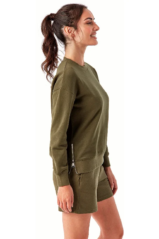 TriDri Womens Billie Side Zip Crewneck Sweatshirt - Olive Green