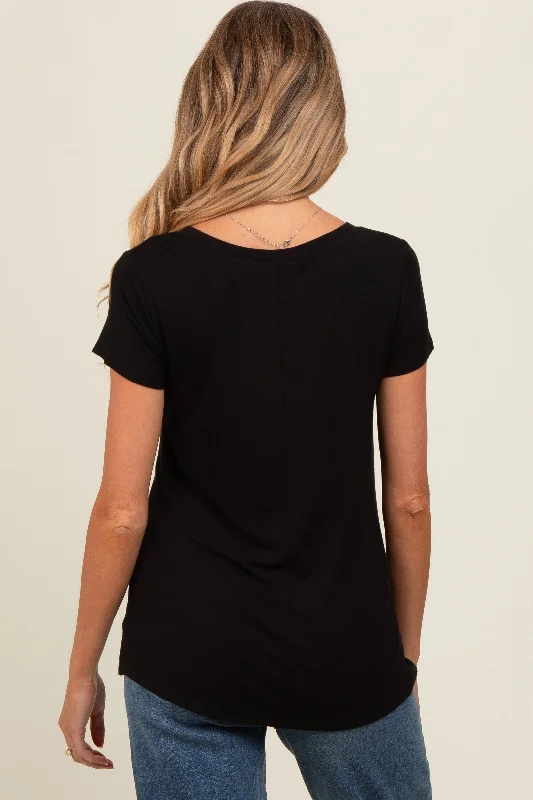 Black Basic V-Neck Short Sleeve Maternity Top