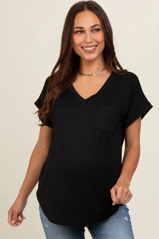 Black V-Neck Pocket Short Sleeve Maternity Shirt