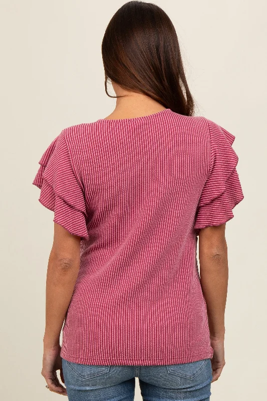 Burgundy Ruffle Sleeve Ribbed Maternity Top