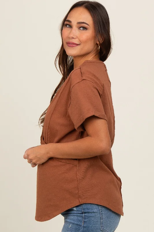 Camel Wrap Short Sleeve Raw Hem Maternity Top