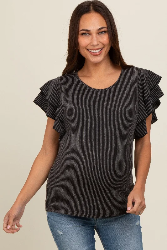 Charcoal Ruffle Sleeve Ribbed Maternity Top