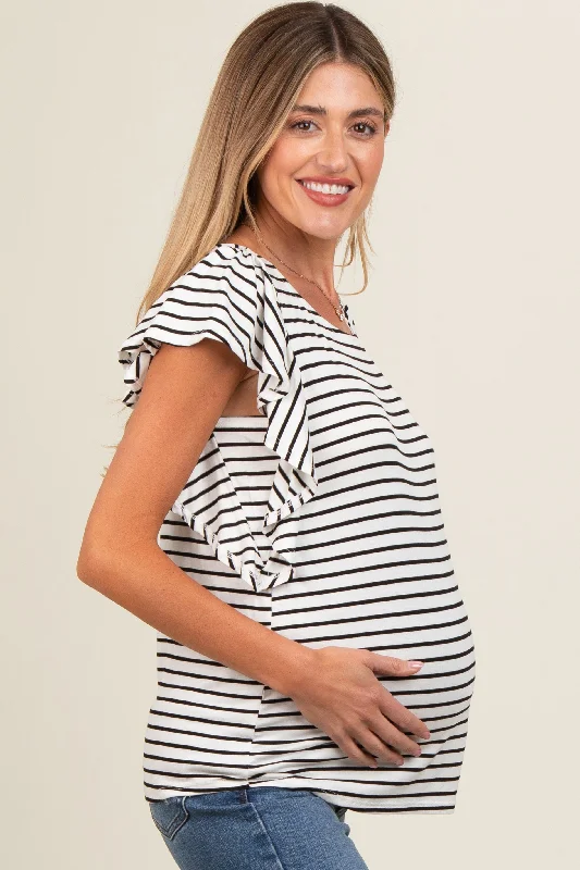 Ivory Striped Ruffle Sleeve Maternity Top