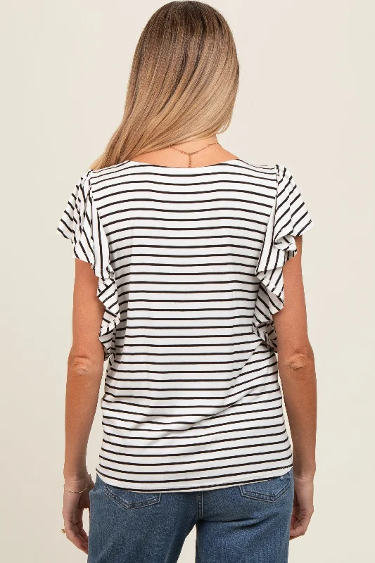 Ivory Striped Ruffle Sleeve Maternity Top