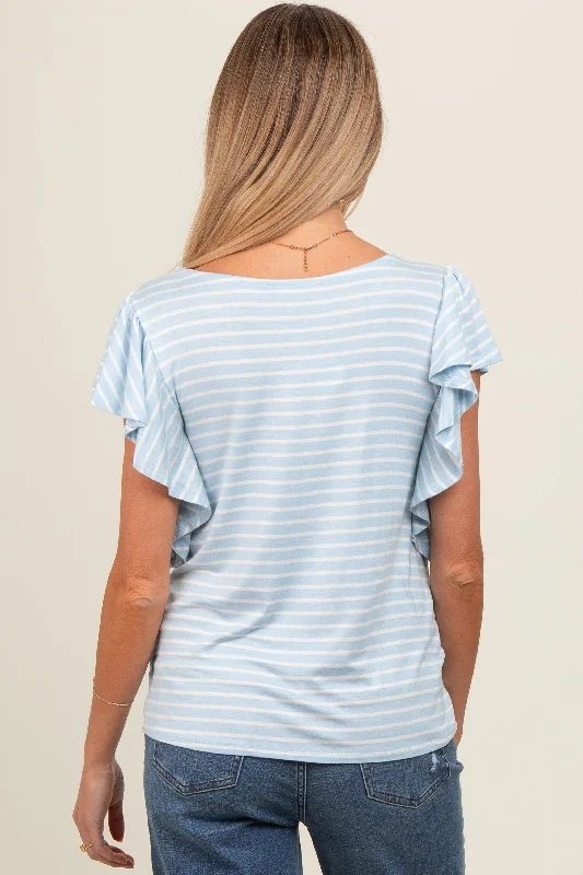 Light Blue Striped Ruffle Sleeve Maternity Top