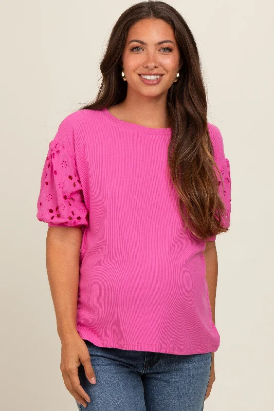 Pink Short Puff Eyelet Lace Floral Sleeve Maternity Top