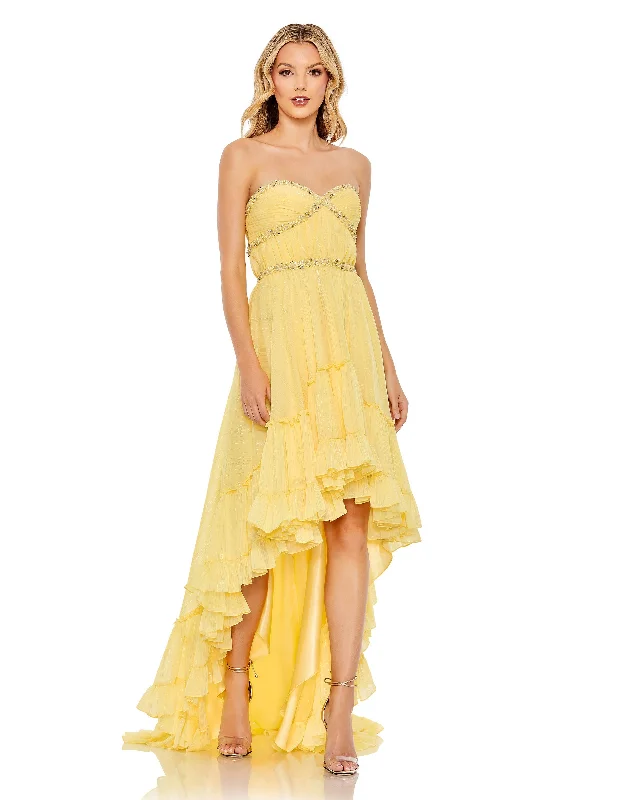 Beaded Strappled Ruffle High Low Gown