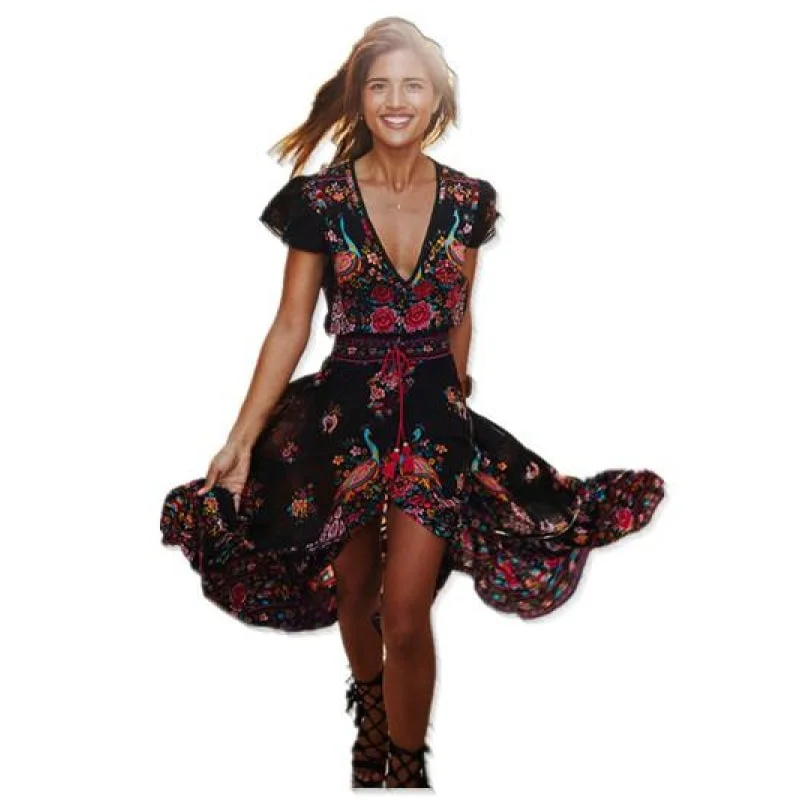 Ethnic Sexy Summer Bohemian Beach Dress with Retro Print Retro and Tassel