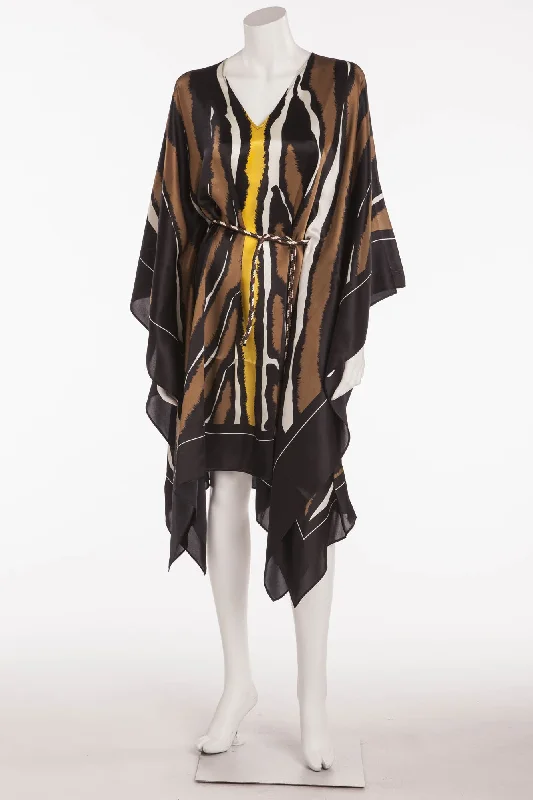 Fendi -  Kaftan Silk Black, White, Brown, Gold Caftan Dress with Belt -