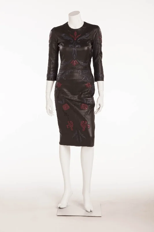 Jitrois - Black 3/4 Sleeve Leather Dress Embellished with Blue and Red - FR 38