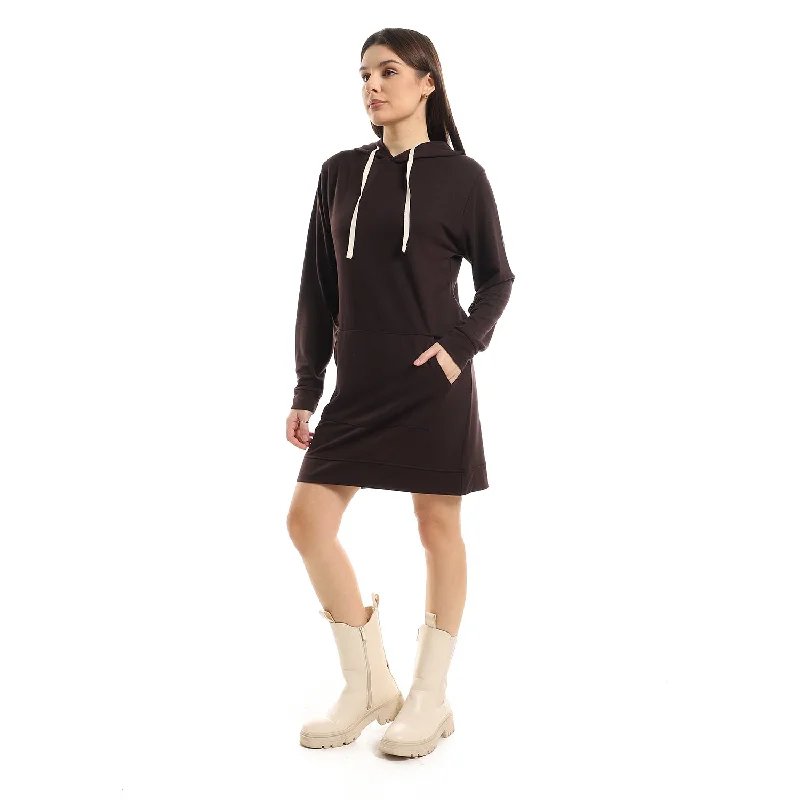 Plain Long Soft Hooded Dress With Pockets - Kady