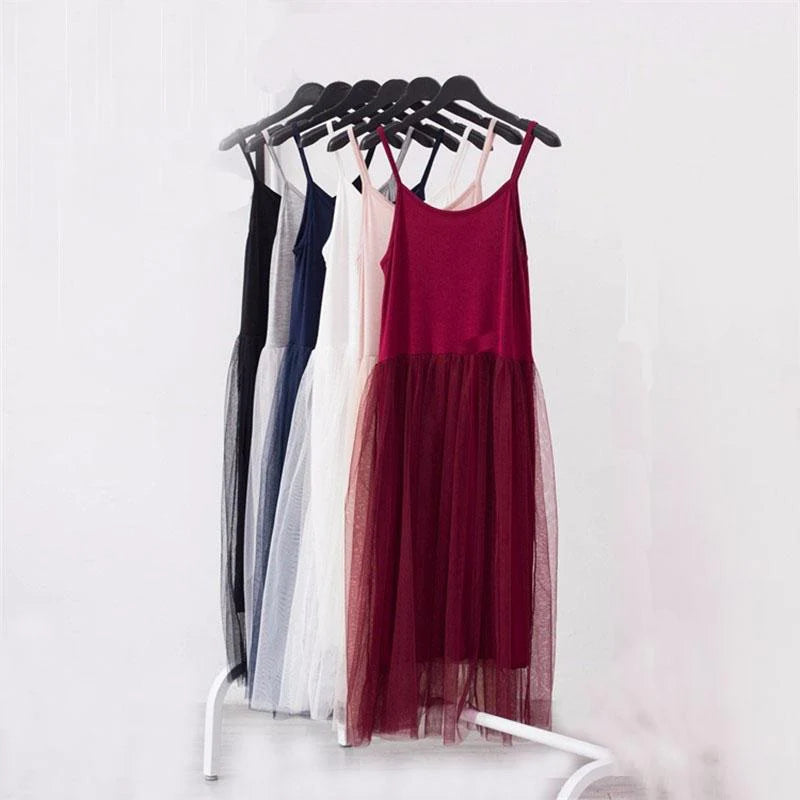 Modal Spaghetti Strap Patchwork Mesh Gauze Organza Lace Tank Dress