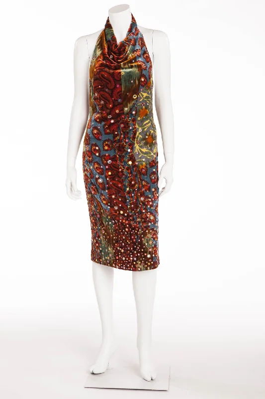 Oscar De La Renta - Blue and Red Velvet Print Halter Dress - US 4