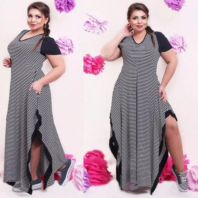 Plus Size Summer Casual Women's Black and White Striped Split Dress