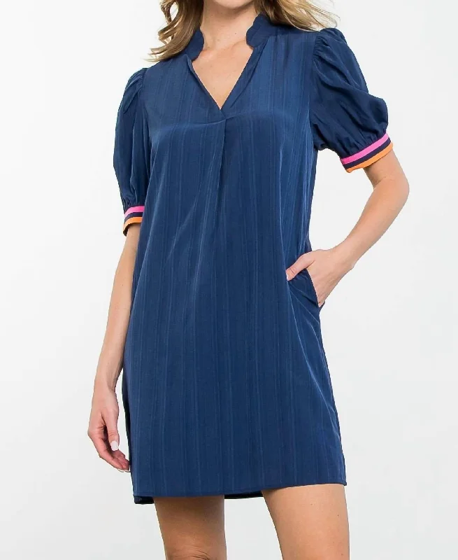 Puff Sleeve Dress With Pockets In Navy