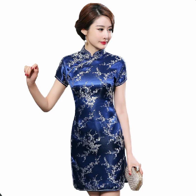 Sexy Vintage Navy Blue Traditional Satin Chinese Flower Dress for Women