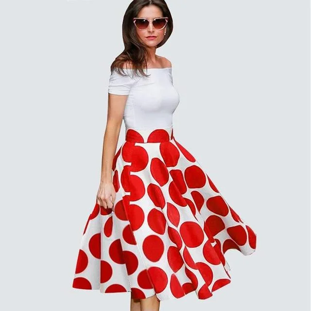 Summer Patchworked Red Dots Vintage Slash Neck Women's Ball Gown
