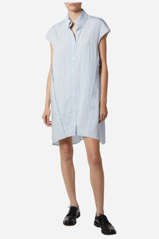Saint Art Talma Cap Sleeve Button Dress in Pale Blue Pinstripe