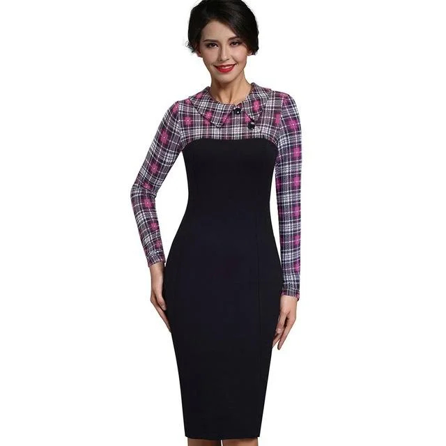 Winter Vintage Fitted Dress Full with Sleeve Patchwork Turn-Down Collar