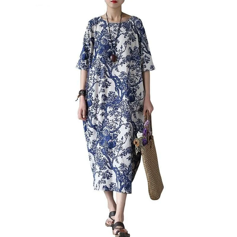 Women's Cotton Linen Vintage Flower Printed O-Neck Half Sleeve Dress